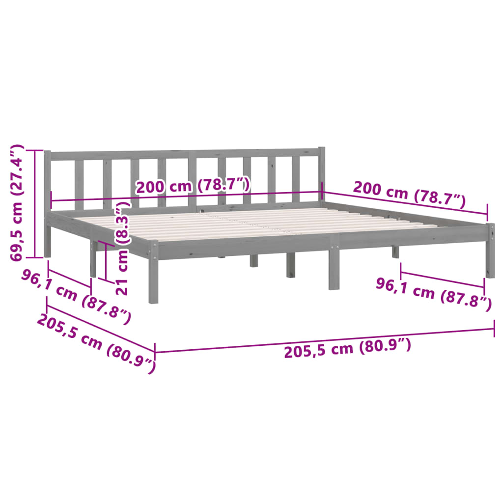 vidaXL Bed Frame without Mattress Grey Solid Wood 200x200 cm