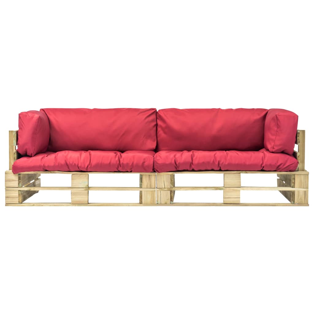 vidaXL 2 Piece Garden Pallet Sofa Set with Red Cushions Pinewood