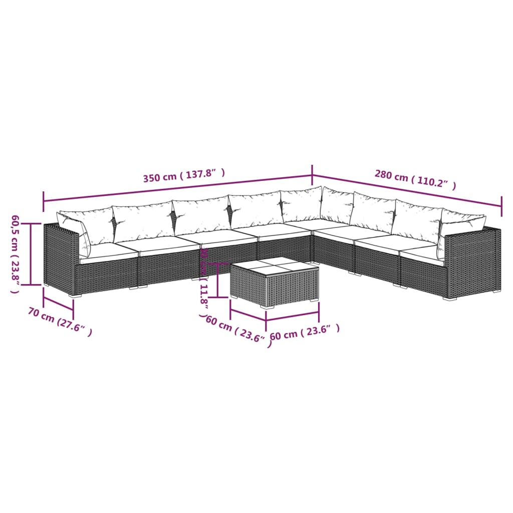 vidaXL 9 Piece Garden Lounge Set with Cushions Poly Rattan Brown