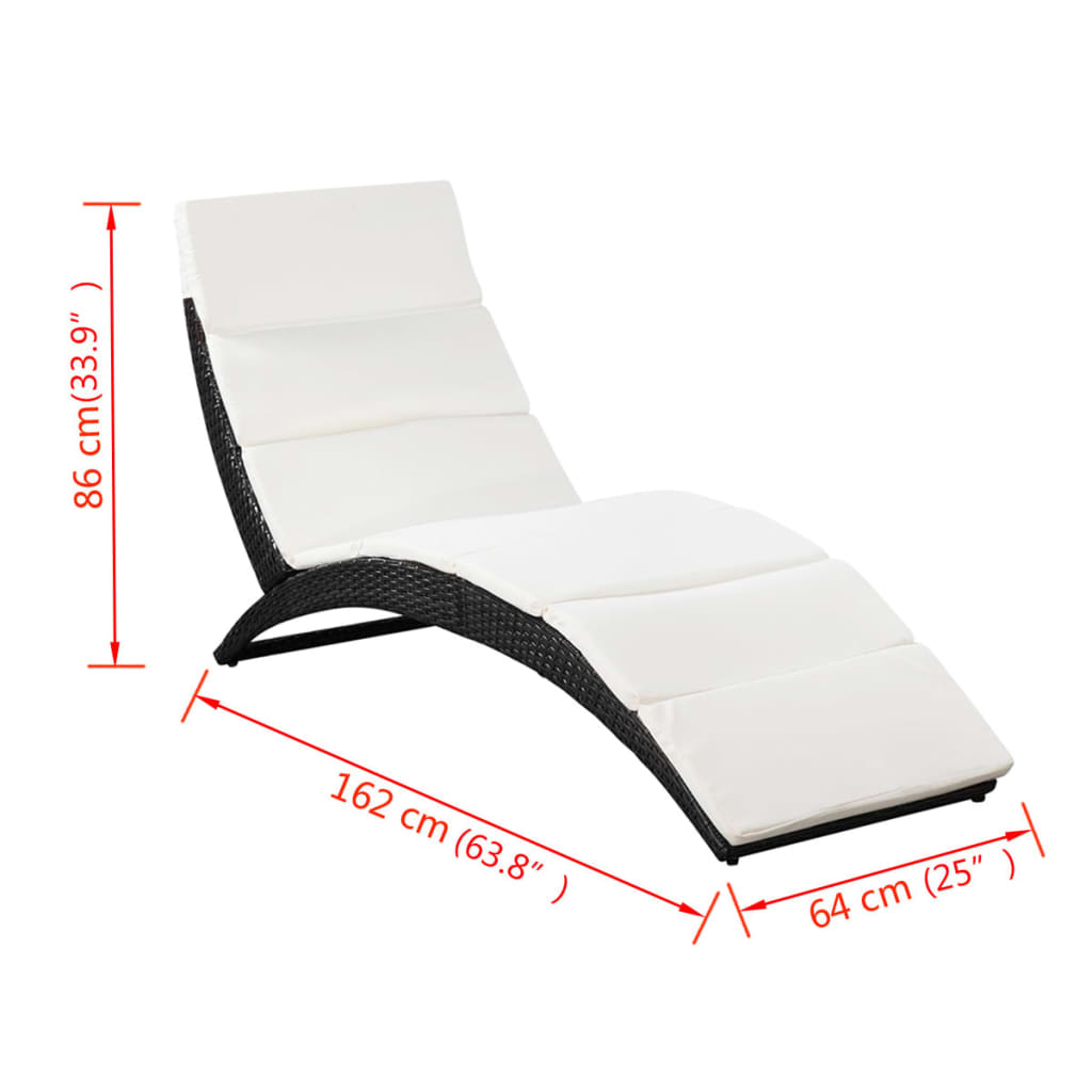 vidaXL Folding Sun Lounger with Cushion Poly Rattan Black