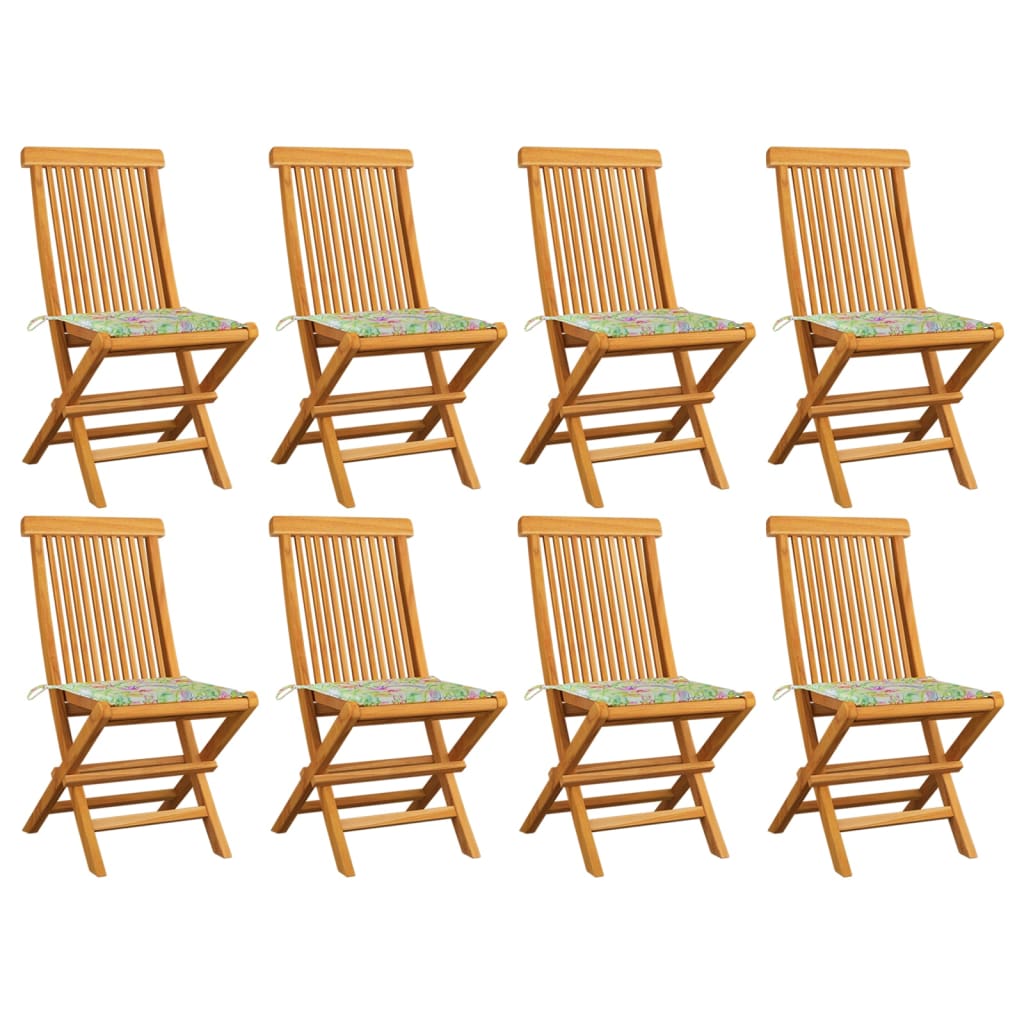 vidaXL Garden Chairs with Leaf Pattern Cushions 8 pcs Solid Teak Wood