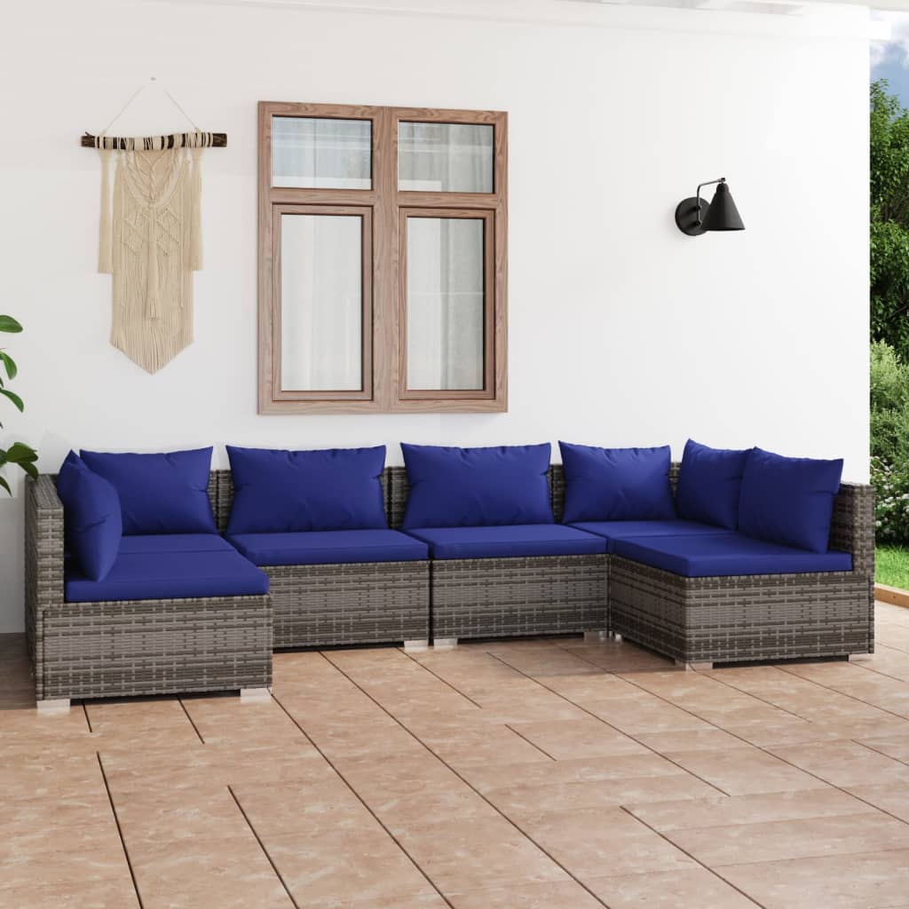 vidaXL 6 Piece Garden Lounge Set with Cushions Poly Rattan Grey