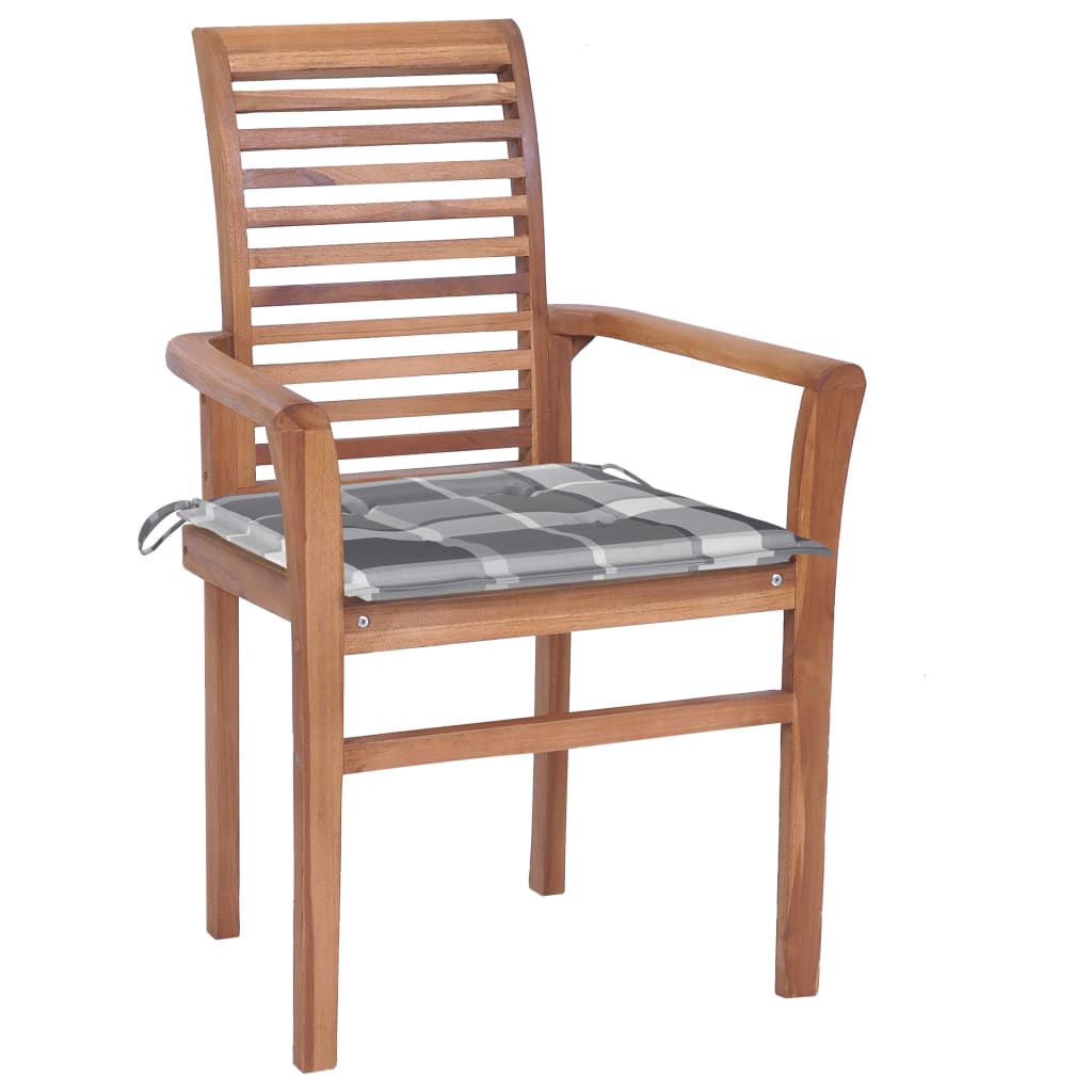 vidaXL Dining Chairs 2 pcs Grey Check Pattern Cushions Solid Teak Wood