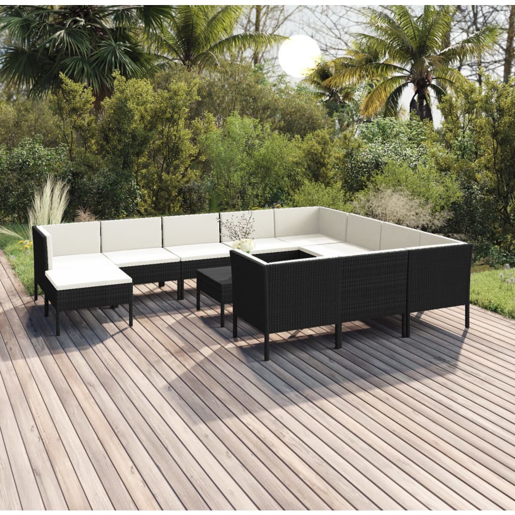 vidaXL 12 Piece Garden Lounge Set with Cushions Poly Rattan Black