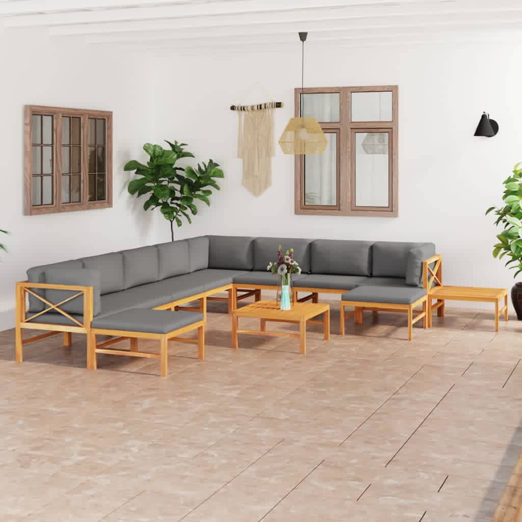vidaXL 12 Piece Garden Lounge Set with Grey Cushions Solid Teak Wood