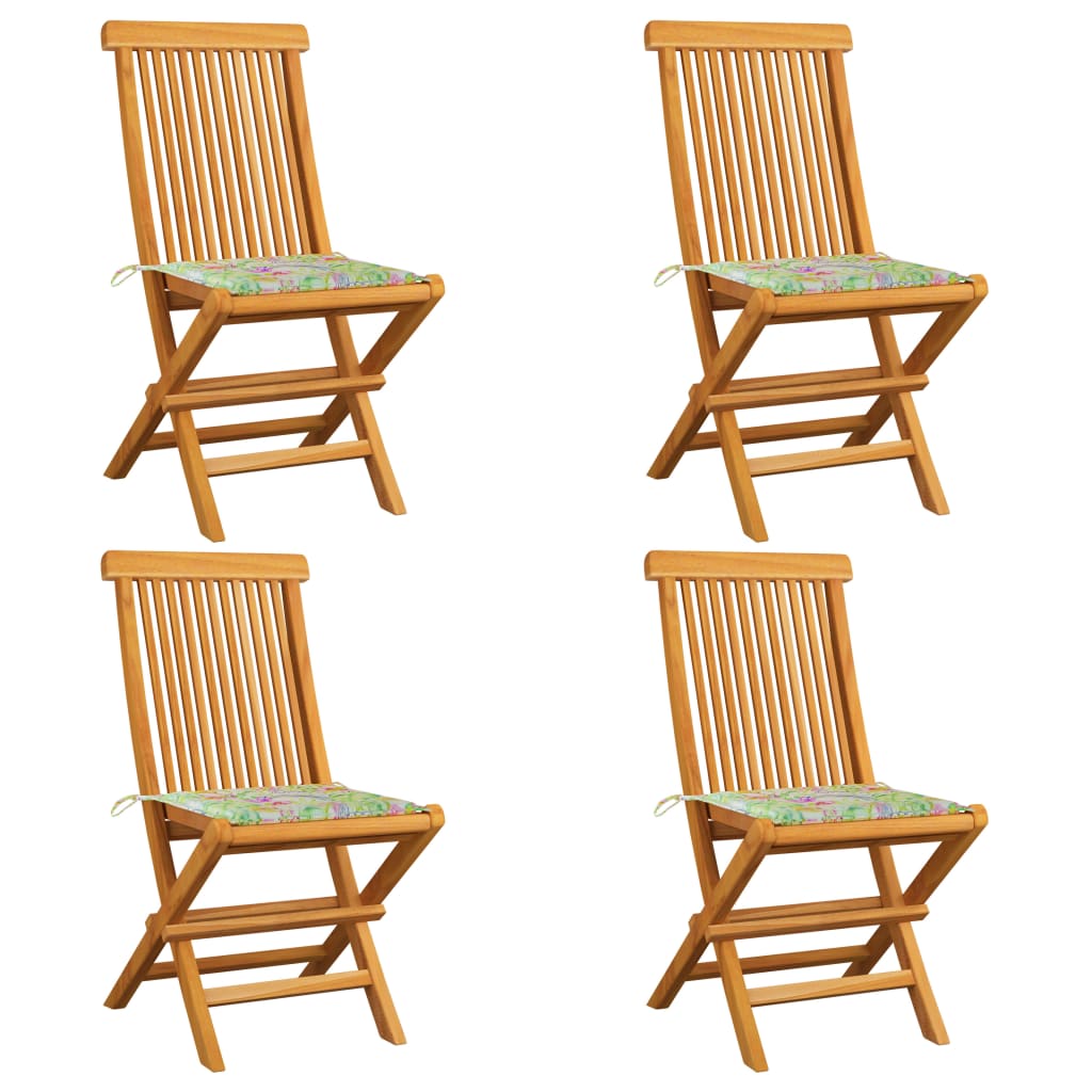 vidaXL Garden Chairs with Leaf Pattern Cushions 4 pcs Solid Teak Wood